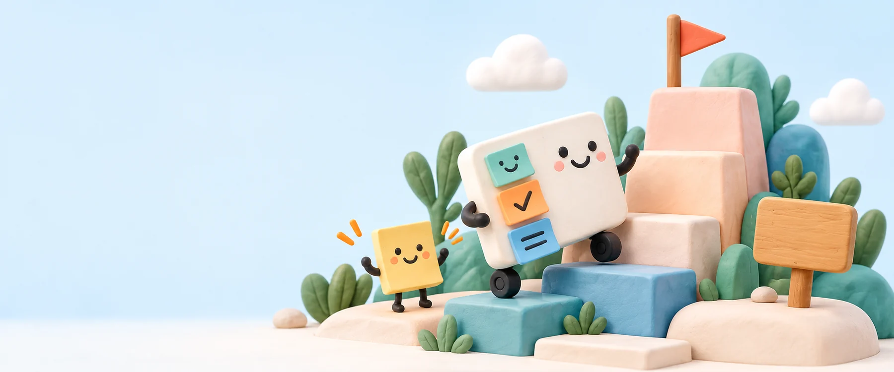 Cheerful clay characters climbing colorful project blocks