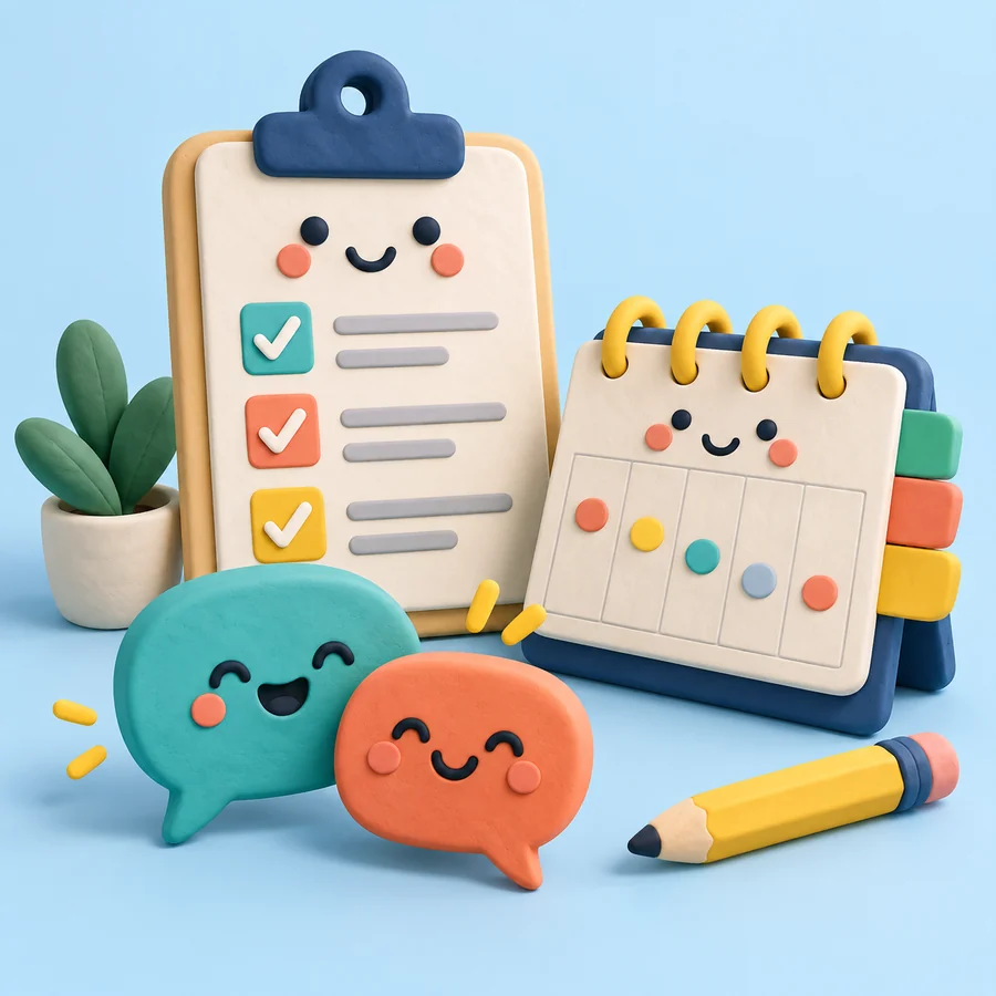 Friendly clipboard, calendar and speech bubble characters